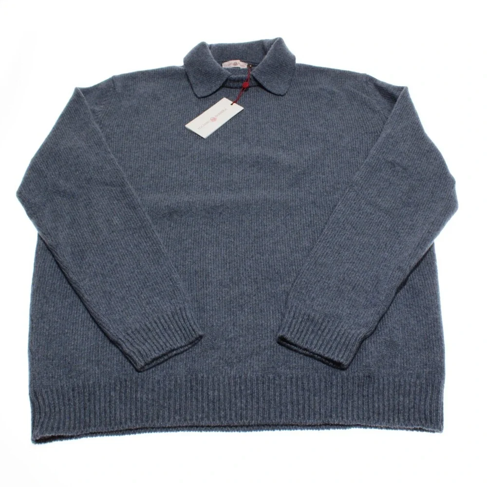 Luciano Barbera NWT Collared Knit Sweater Size 56 (US XXL) in Blue 100% Cashmere